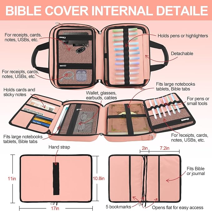 Bible Cover,Pink Large Bible Bag for Women, Study Supplies Journaling Kit Book Carrying Case with Bible Highlighters Shoulder Strap Christian Gifts