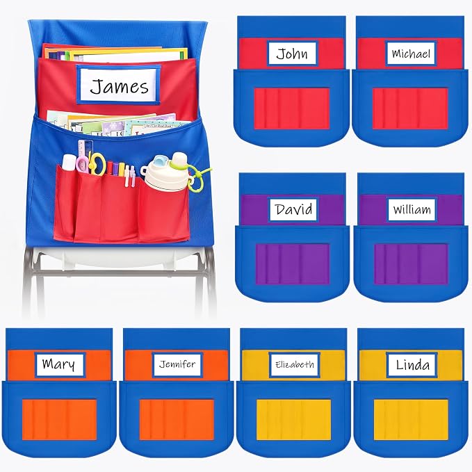 JoyCat 8 Pack Classroom Chair Pockets for School Chairs, 6 Pocket Student Chair Storage Organizer with Name Tag Holder, Colorful Chair Bags for Classroom & Homeschool Supplies
