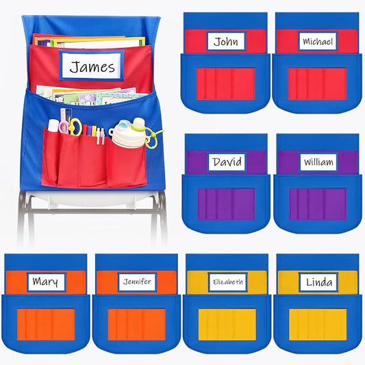 JoyCat 8 Pack Classroom Chair Pockets for School Chairs, 6 Pocket Student Chair Storage Organizer with Name Tag Holder, Colorful Chair Bags for Classroom & Homeschool Supplies