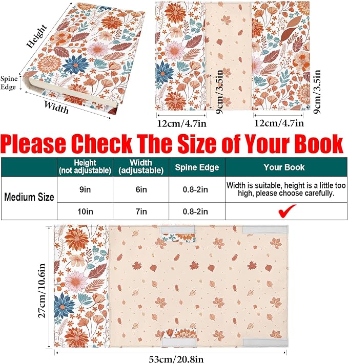 Floral Paperback Book Cover Protector,Washable Soft Canvas Fabric Book Covers with Bookmark,Adjustable Double Side Print Book Dust Jacket Covers for Hardcover Novel Book Lovers Gift