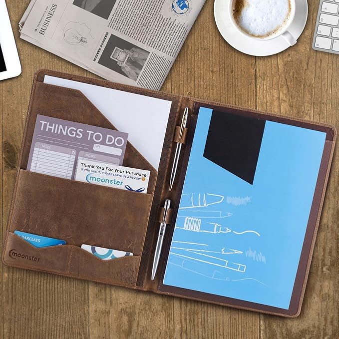 Moonster Leather Portfolio Professional Organizer Padfolio – Resume Folder with Luxury Pen - Leather Binder Portfolio Writing Pad with Business Card Holder - Portfolio Folder for Men & Women