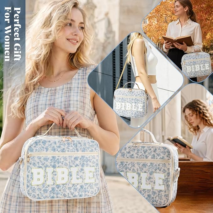 Personalized Initial Bible Cover Case for Women, Large Quilted Bible Bag with Durable Handle, Stylish Church Bag Journaling Kit with Study Supplies Accessories, Christians Gifts for Women (Blue)