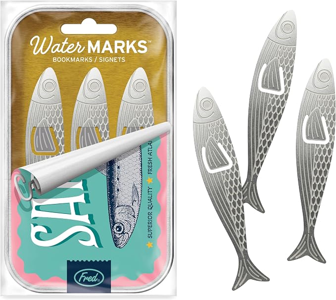 Genuine Fred Water Marks Sardine Bookmarks – Set of 3 Flexible Steel Page Markers with Sardine Tin Packaging – Fun & Functional