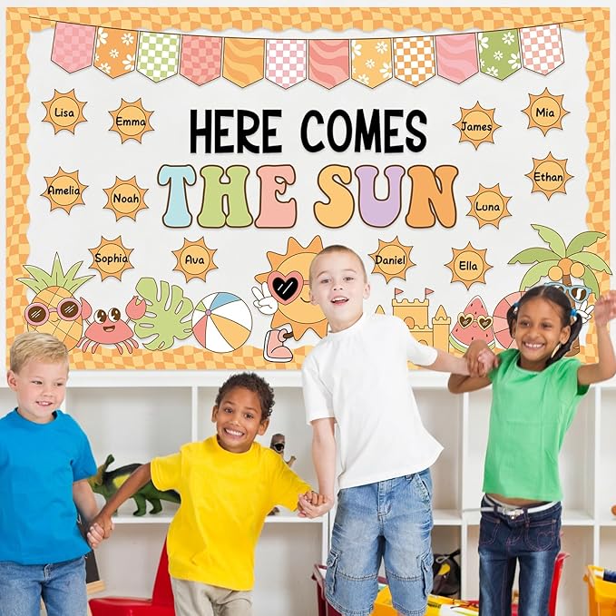 Summer Sun Bulletin Board Set Here Comes the Sun Classroom Decorations Bright Sunshine Name Tags Paper Cutouts Summer Bulletin Board Borders for Tropical Beach Back to School Wall Door Decor