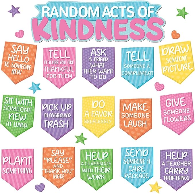 QOUBAI Random Acts of Kindness Bulletin Board Set Colorful Motivational Classroom Bulletin Decorations Rainbow Flip Kind Challenge Cutouts for Back to School Office Home Chalkboard Decor Wall Door