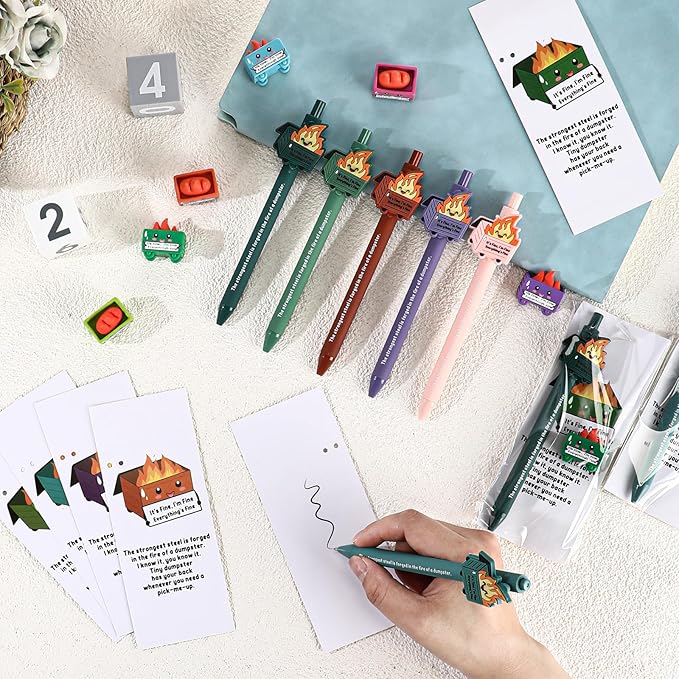 Sayglossy 12 Set Dumpster Funny Desk Accessories Positive Appreciation Gift for Nurses Teachers Bulk Thank You Inspirational Pens Mini Figurine Card Bookmark for Employee Administrative Professionals