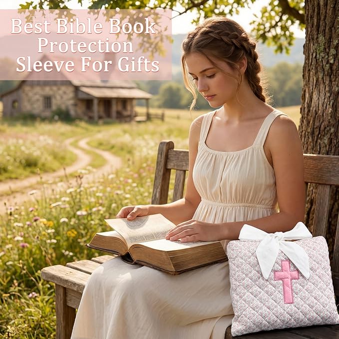 Honoson Quilted Bow Bible Sleeve Cover Case Padded Protector Washable Bible Bag Pouch Christian Gift for Women Girls Book Lover Gifts(Pink Floral Cross)