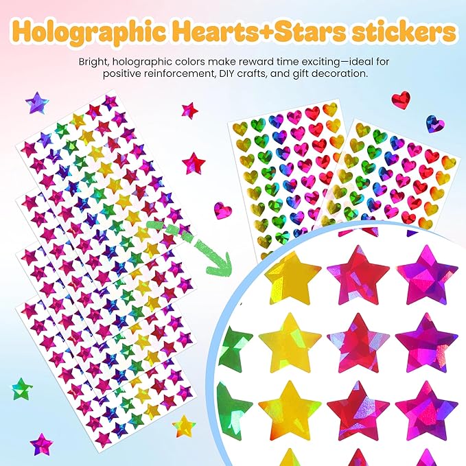 1710 Holographic Star and Heart Stickers 0.6", Self-Adhesive for Kids Rewards, Classroom Supplies, Behavior Charts, Student Incentives, Planner, Scrapbooking, DIY Crafts, Party Favors, Holiday Decor
