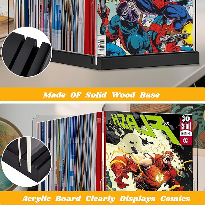 Comic Book Storage Holder，Wood Comic Book Case with three acrylic dividers，Acrylic Comics Book Box，Bin & Organizer，Stores Up To 150 Comics (Black)