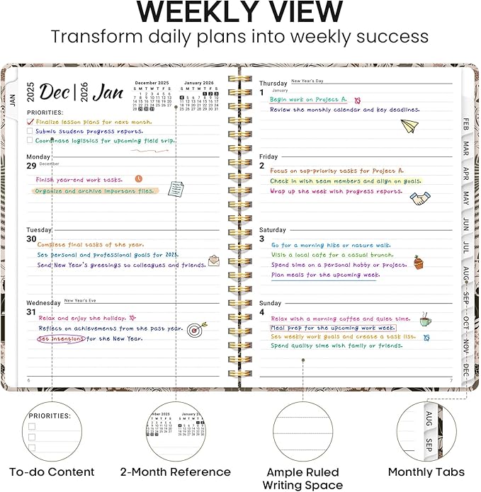 2026 Planner, Weekly and Monthly Calendar Planner Book, January 2026 - December 2026, Hardcover Spiral Planner with Monthly Tabs, Notes Pages, Perfect for Women & Men, A5 (6.4" x 8.5") - Owl