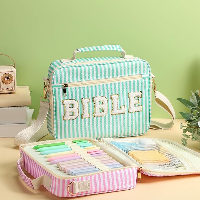 Dansydaisy Bible Cover Case for Women Large Chenille Letter Stripe Church Bible Bag with Shoulder Strap for Women(Green)