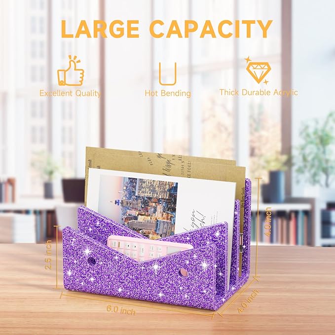 Mail Organizer Envelope Holder - 3 Compartments Glitter Purple Acrylic Mail Holder Countertop Vertical Desk Organizer Small File Bill Document Notebook Letter Sorter for Home School Office