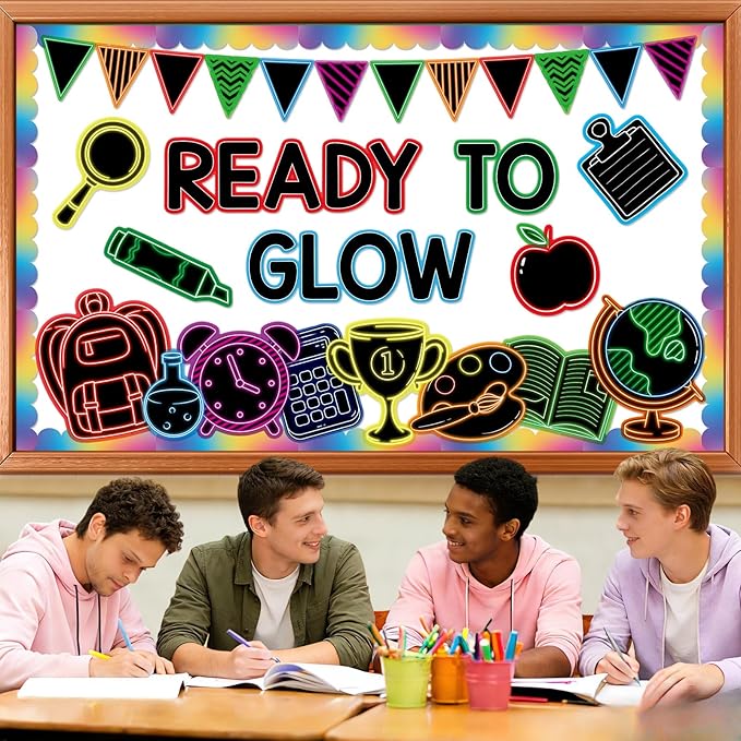 Welcome Back to School Bulletin Board Decorations Ready to Glow Inspirational Classroom Bulletin Board Neon Style Paper Cutouts for First Day of School Office Home Teacher Classroom Wall Supplies