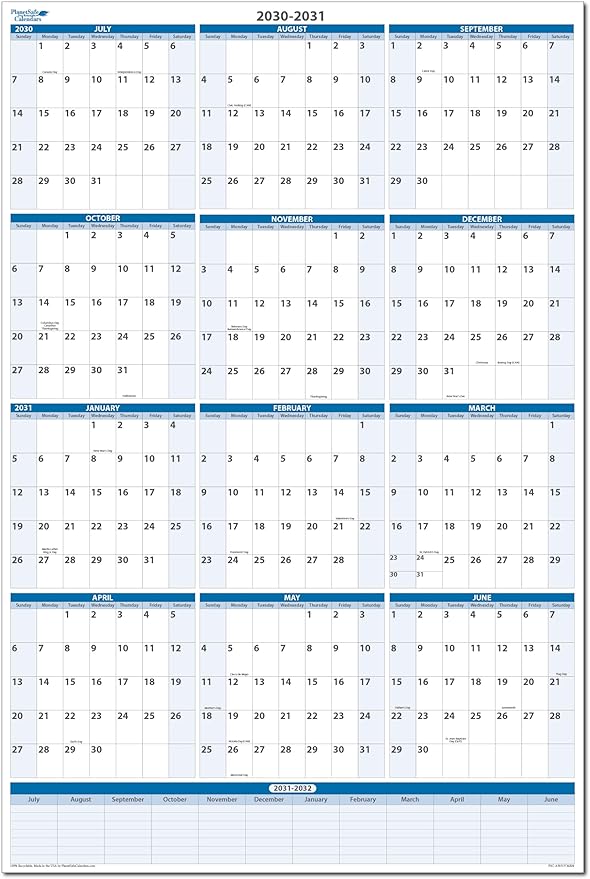 Fiscal/Academic Split Year July 2030 to June 2031 Vertical 12 Month Wall Calendar 36" x 24" - Dry & Wet Erasable with Next Year Planner Area. Complete with Fine tip Dry-erase Marker and Eraser