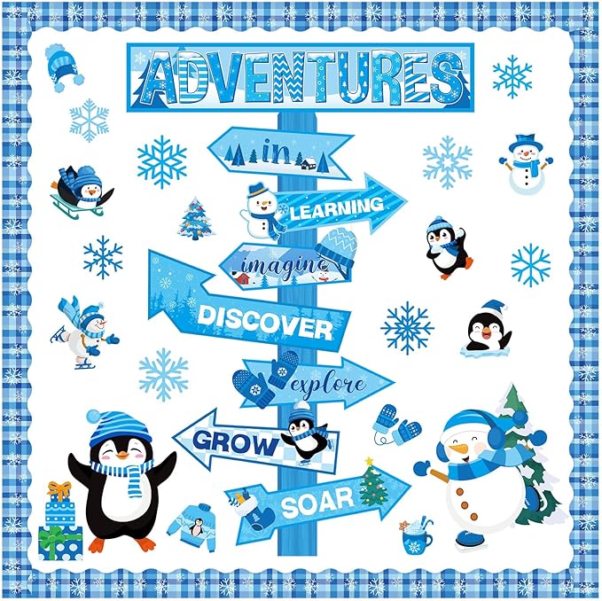 Winter Bulletin Board Set Winter Adventures Classroom Decorations Adventures in Learning Snowman Snowflake Penguin Paper Cutouts for January Holiday Party Supplies