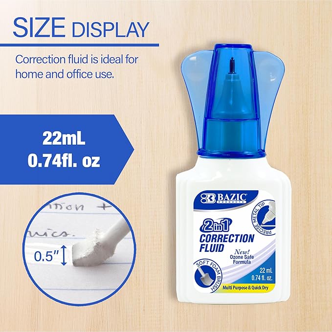 BAZIC Products Correction Liquid 2 in 1 (0.74 oz / 22 ml), Foam Brush & Precise Metal Tip Applicator, Instant Corrections Pen White Out Wipe Out Fluid, 1-Pack