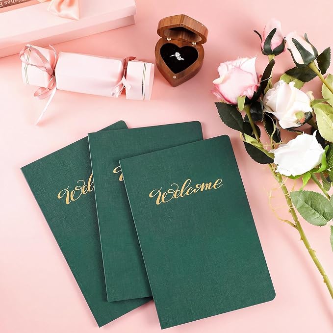 Affrolling 50 Pack 6 x 9 Inch Welcome Pocket Folders Church Visitor Welcome Folder Presentation Folder Employee File Folders for Weddings, Party, Conference, Seminars, Bar Mitzvah (Dark Green Linen)