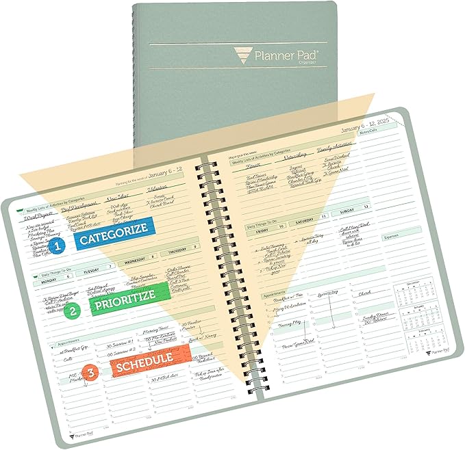 Planner Pad Spiral Bound January-December 2025/ Calendar Year 6 3/4" x 8 1/2" Medium 3-Tier Funnel Down 12 Month Organizer, Greenish Grey Cover/Soft Green Ink