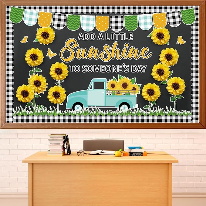 Spring Sunflower Truck Bulletin Board Decorations with 3D Tissue Paper Pompoms Sunflower Themed Plaid Borders Yellow Summer Sunflower Cutouts Back to School Teacher Supplies School Office Wall Decor