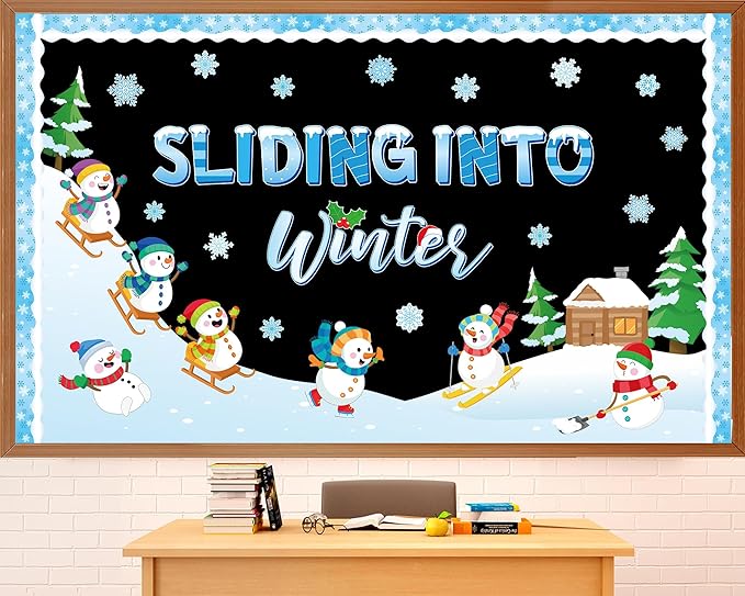 Winter Bulletin Board Decoration Set Sliding Into Winter Bulletin Board Snowman Christmas Classroom Decorations Snowflake Snowman Paper Cutouts for Xmas Holiday Party School Home Chalkboard Wall Decor