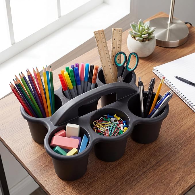 Reallnaive 6 Pack Classroom Caddy Plastic Cup Crayon Pen Holder with Handle, 6-hole Cup Storage Art Caddies Table Organizer for Drink Delivery Pencil Pen School Office Art Crafting (Black)