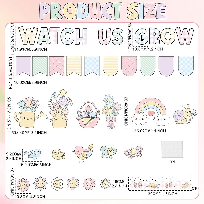 Summer Bulletin Board Decoration Set Pastel Watch Us Grow Classroom Decoration Summer Rainbow Floral Motivational Paper Cutouts for School Classroom Home Chalkboard Wall Door Decor Party Supplies