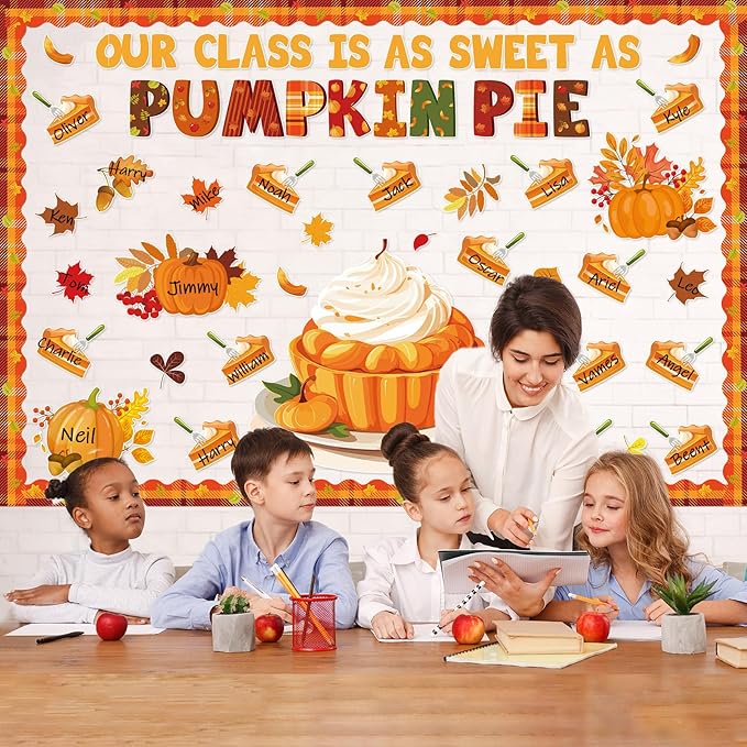 Fall Thanksgiving Pie Bulletin Board Classroom Decorations Set Fall Pumpkin Pie Paper Cutout for Thanksgiving Autumn Leaves Pumpkin Office Home Back to School Wall Door Chalkboard Decor ﻿ ﻿