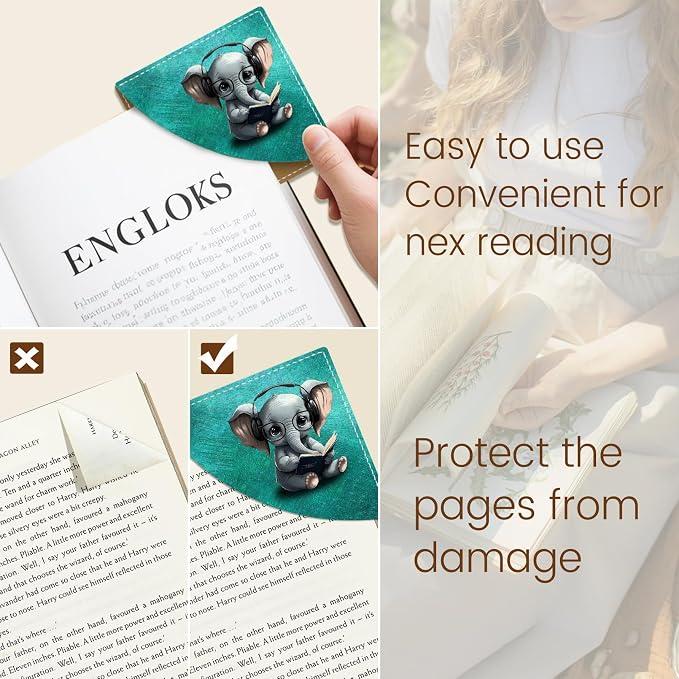 Icycay Cute Elephant Corner Bookmarks, Funny Leather Book Accessories for Book Lovers, 3 Pcs Reading Book Page Markers for Women Men Student Teacher Girls Boys Kids Retirement Birthday Gifts