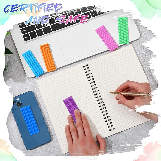 Ireer 6 Pcs Textured Sensory Stickers Silicone Calm Stickers Thick Sensory Strips Different Textures Mental Health Desk Fidget Decals for Anxiety Relief, Autism, ADHD Desk Gift