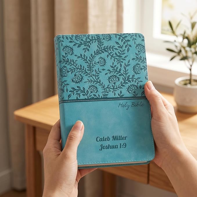 Printualist Personalized KJV Deluxe Holy Bible with Name Engraved, Red Letter King James Version, Faux Leather Turquoise Cover, Custom Gift Bible for Christian Celebrations