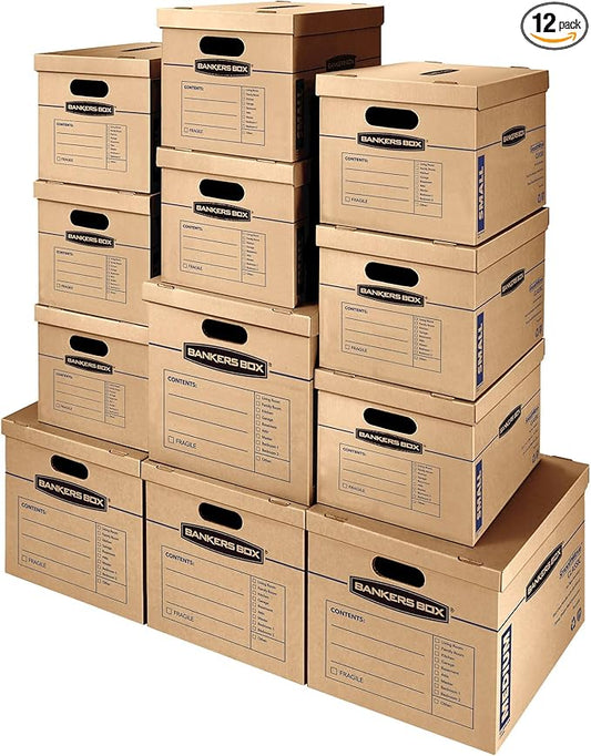 Bankers Box Classic Moving Box 12 Pack Kit, Reinforced Handles, Tape-Free Assembly, Box with Lid, 8 Small and 4 Medium Boxes (7716401)