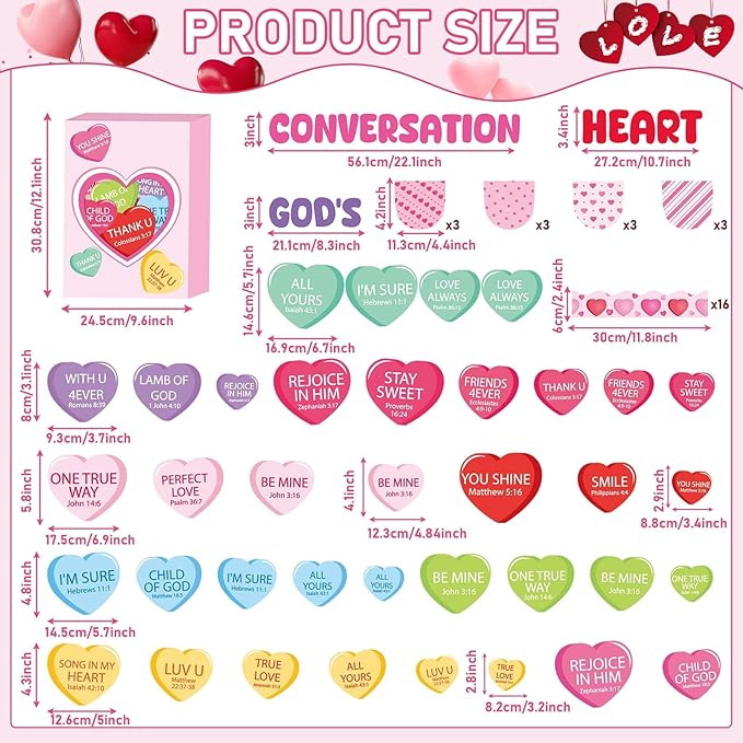 gisgfim Valentine's Day Conversation Heart Bulletin Board Set Decorations Christian Sweetheart Classroom Decor Jesus Religious Cutouts for School Home Chalkboard Valentines Party Supply(God's Heart)