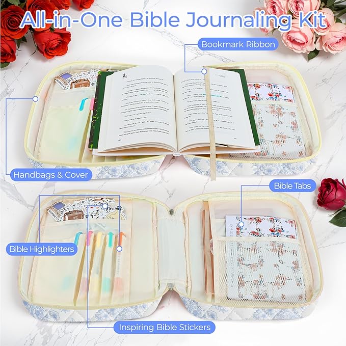 WOBAGMEN Bible Cover Case for Women,Large Bible Tote Bags Organizer Quilted Carrying Case for Girls,Bible Study Supplies Accessories Christian Gifts for Women (Elegant Blue Floral, M)