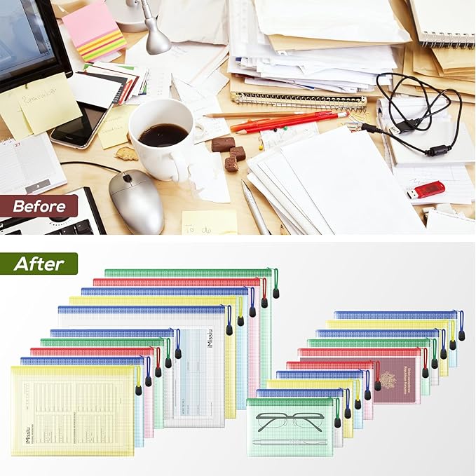 Mesh Zipper Pouch, 20PCS Waterproof Zipper Bags 4 Sizes 5 Colors Document Folders for School Supplies, Office Appliances, Home Organize and Travel Storage