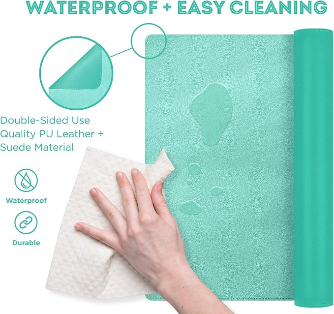 FTC PU Leather Desk Pad & Desk Blotter, Non-Slip Flannelette Base, Stitched Desk Mat for Keyboard, Mouse & Writing, Home or Office (Turquoise, 31.5” x 15.75”)