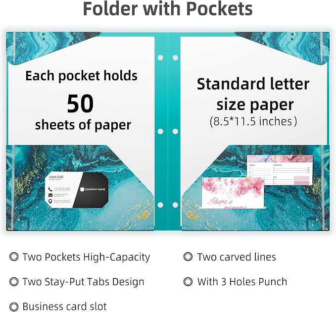 Ospelelf Folders with Pockets, Waterproof Plastic Folder with Two Fixed Corner Tabs and 2 Pockets Includes Business Card Slot, Includes Sticker, Fits 3 Ring Binder Holds 11" x 8.5", 6-Pack