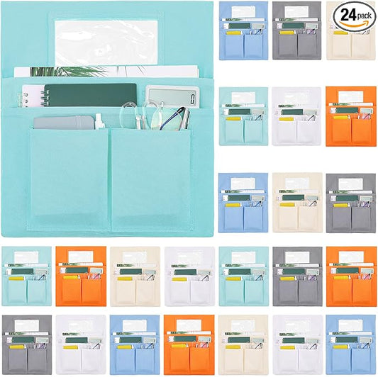 Remagr 24 Pcs Chair Pockets for Classroom Chairs, 14" x 13" Chairs Sacks with Name Tags for Chairback, Multi Pockets Storage Bags Chair Organizer for Kindergarten Elementary School (Pastel Colors)