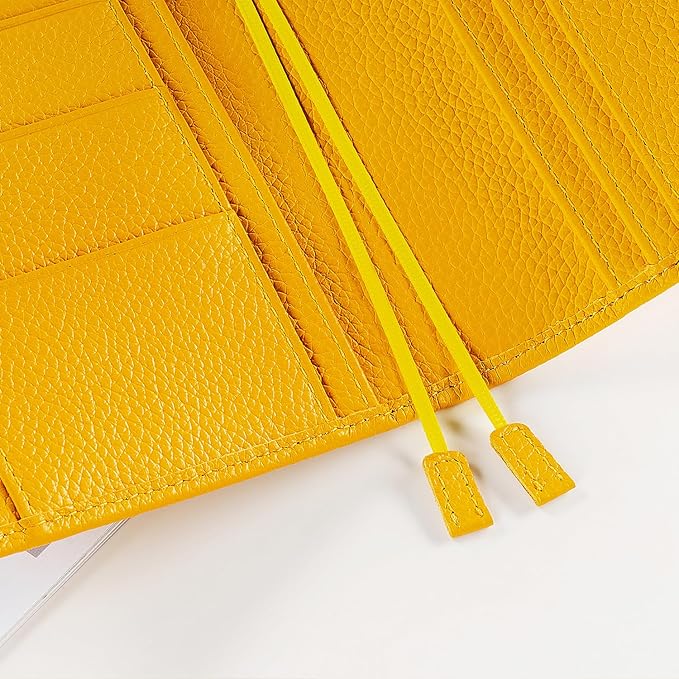 Genuine Leather Cover for Hobonichi Weeks/Weeks Mega with Pen Loop, Card Slots, Back Pocket, and Bookmarks (Yellow)