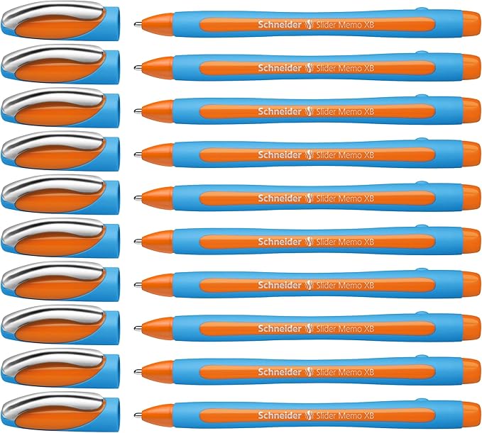Schneider Slider Memo XB (Extra Broad) Ballpoint Pen, 1.4 mm, Light Blue Barrel, Orange Ink, Box of 10 Pens (150206)