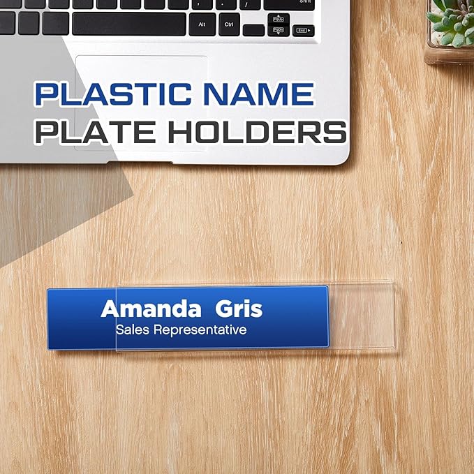 Wonderjune 25 Pack Plastic Cubicle Name Plate Holder 8.5" Wide x 2" High Glass Wall Name Plate Holder Clear Acrylic Sign Display Stand for Home Office Business (Suitable for 1" Cubicle Wall)