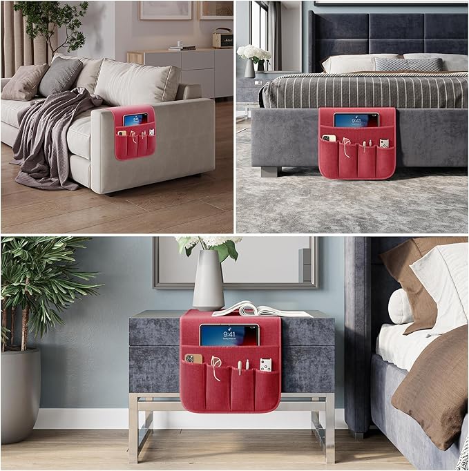 Armrest Organizer Non Slip Remote Control Holder Arm Chair Couch Caddy For Recliner Sofa Bedside With 5 Pocket Storage for Tablet Phone iPad (Winred, W13" x L33")