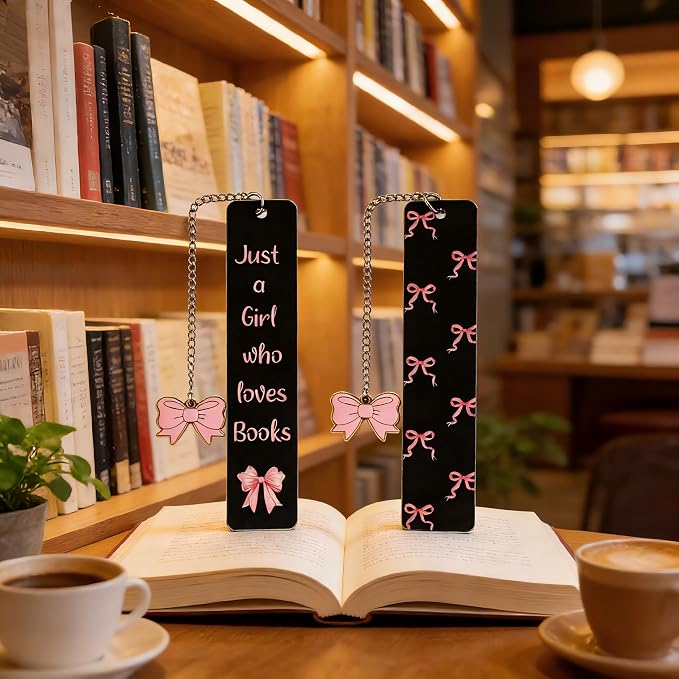 Pink Bowknot Stainless Steel Bookmark - Printed with Cute Bowknot Patterns & Equipped with Heart Pendants, Ideal for Female Readers, Perfect Birthday Gift for Girlfriends (Double-Sided B)