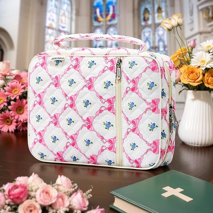 WOBAGMEN Bible Cover Case for Women,Large Bible Tote Bags Organizer Quilted Carrying Case for Girls,Bible Study Supplies Accessories Christian Gifts for Women (linggehua, M)