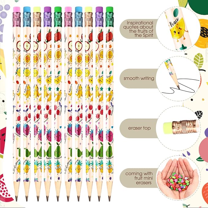 MotiMind 45 Set Fruit of The Spirit Gifts Fruits of The Spirit Bookmarks Christian Fruits Pencils Erasers Bulk Religious Dancing Fruit for Sunday School Teacher Appreciation Church First Day of School