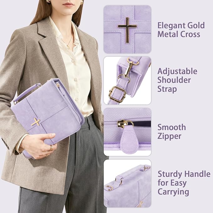 Classic Leather Bible Cover Case with Cross Design and Handle & Shoulder Strap for Women, Durable Bible Study Supplies Organizer Carrying Bag, Christmas Gifts for Christians with Gift Box（Purple