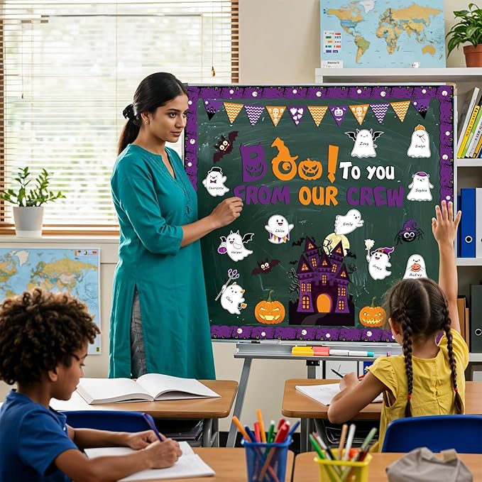 112pcs Halloween Bulletin Board Decoration Set Cute Ghost Name Tag Paper Cutouts Pull the Flag Pumpkin Bat Spider Tombstone Ghost House Cut Outs for Halloween School Home Office Wall Decor