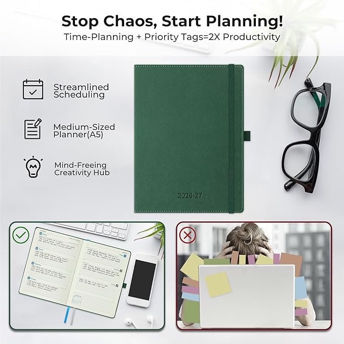Weekly Monthly 2026-2027 Planner (July 26-Dec 27),8.5"x6.5",18 Months Agenda Plan with Month Tabs & Pocket,Expenses/Note Pages, Academic Calendar with Vegan Leather Cover,Green