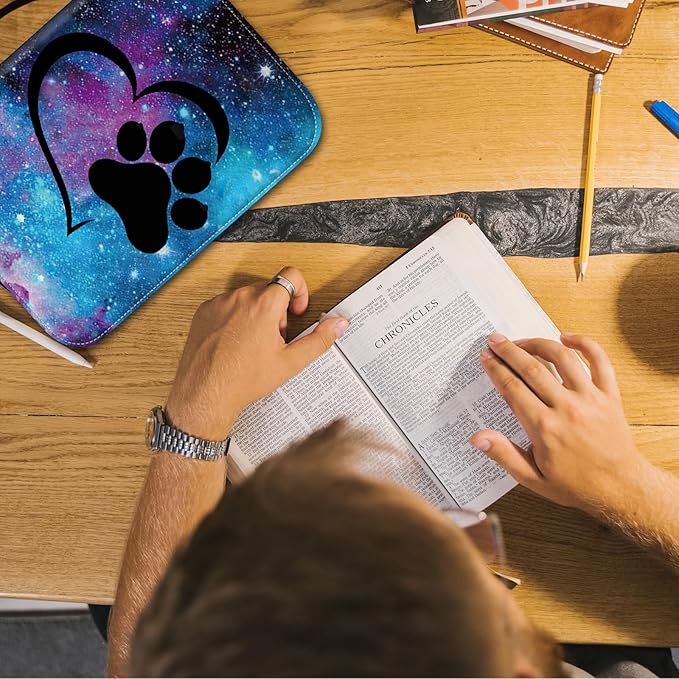 Bible Cover for Men,Large Leather Bible Case Fit Book Up to 11x8x2 Inch,Galaxy Dog Pawprint Love Bible Covers Bible Study Carrier Church Bags w/Handle & Zipper