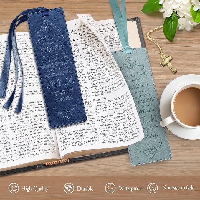 FINPAC Leather Bible Bookmarks, Vegan Religious Bookmarks, Bible Verse Book Markers Church Gifts for Women Men [Trust in The Lord with All Your Heart] - Turquoise + Navy