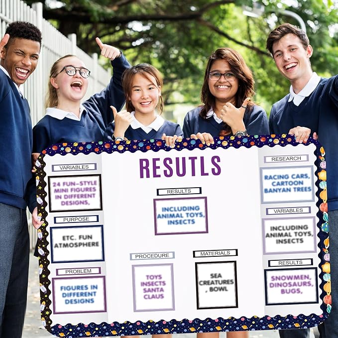 Sinload 92 Pcs Science Fair Board Supplies 60 Trim Scalloped Poster Boards 18 Presentation Subtitles 6 Project Titles 8 Letter Sticker for Classroom Display Boards (Purple,Space)